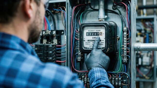Close up of an electrician or technician checking the electric meter reading.