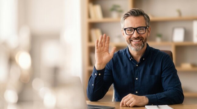 Mature professional man participating in a remote business call via video conference.