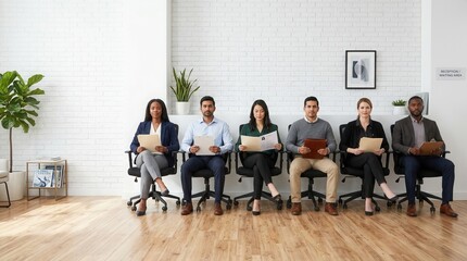 Fototapeta premium Group of candidates sitting in a waiting room for a job interview.