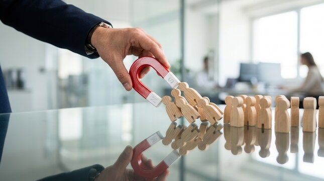 A hand using a red magnet to attract and capture business candidates and leads.