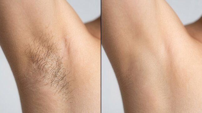 Comparison showing underarm hair removal results for a woman.