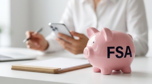 Concept of FSA Flexible Spending Account with a pink piggy bank and person managing finances via mobile phone.