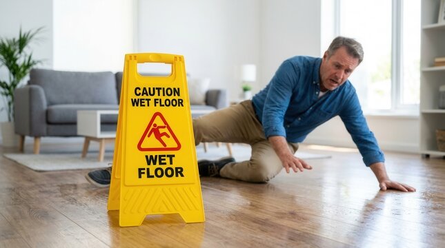 Man slipping on a slippery surface in front of a caution wet floor sign.