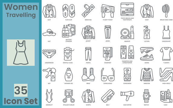 Travel essentials and everyday clothing outline vector icon set with packaging list elements including passport, flight ticket, cosmetics, footwear, and apparel line icons