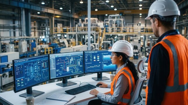 Engineers in safety vests and hard hats using SCADA software to manage plant operations.
