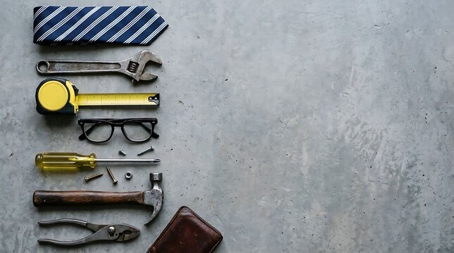 Work tools and office items on a grey surface