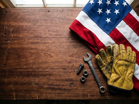 American flag with work gloves and tools on wooden table