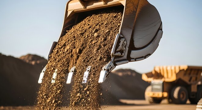 Excavator Bucket Dumping Soil and Earth Material During Active Construction Excavation Work