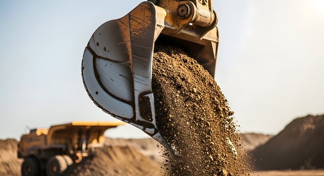 Heavy excavator bucket dumping earth and gravel at a construction or mining site, industrial earthmoving equipment at work.