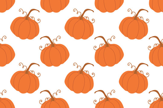 Orange pumpkins with stems in seamless pattern. Autumn harvest repeat design. Vector illustration for seasonal fabric, wallpaper