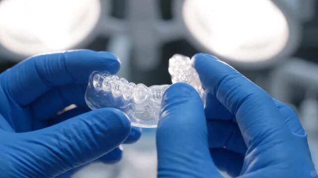 Dentist holding clear plastic teeth aligner for orthodontics treatment, dental care clinic concept.