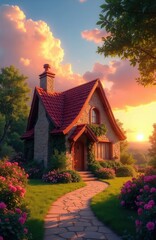 Obraz premium Stone cottage with red roof sits in rich garden with pink flowers and green grass. Winding stone path leads to welcoming front door. Warm golden hour sunset casts magical glow over idyllic scene.
