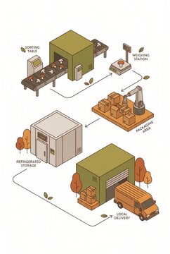 Infographic illustration depicting a food distribution process with sorting table, weighing station, refrigerated storage, packaging area, and local delivery truck