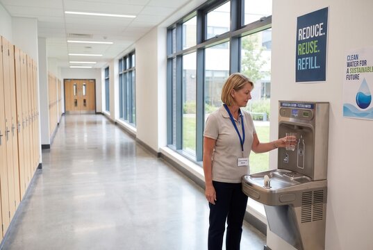 Woman filling water bottle at hydration station in modern school hallway with lockers and large windows, promoting sustainability and clean water access
