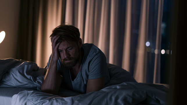 Man depressed after a painful breakup, sitting alone in an empty apartment surrounded by memories, emotional loneliness and relationship problems , man looking very sad, man is lay