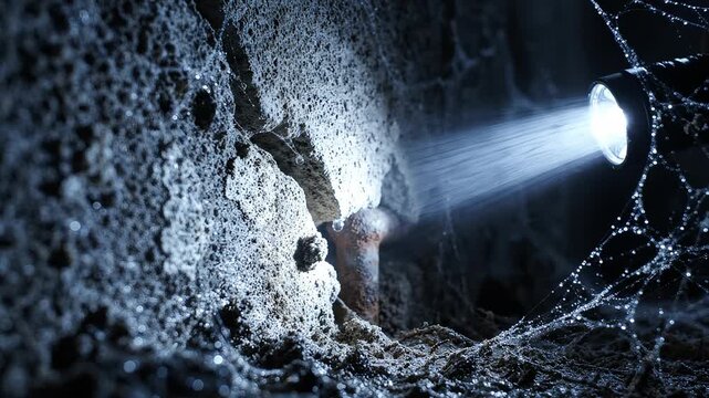 Flashlight beam illuminating dusty spider webs in a dark underground basement, mysterious atmosphere exploring derelict stone wall and rusted pipe.