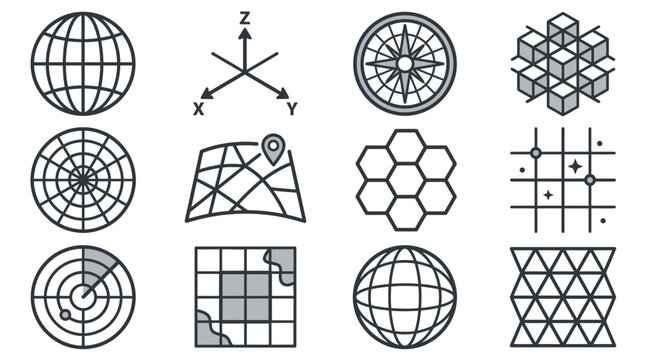 Geometric sphere and topographic grid technical icon set.
