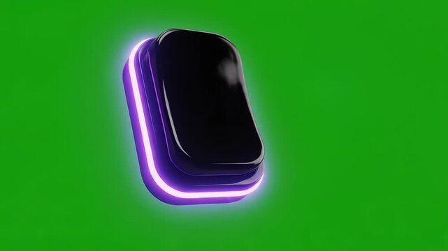 Glossy black abstract toggle button with glowing purple neon light animation isolated on green screen. Minimalist 3d ui element motion graphic for modern digital interface and app design.