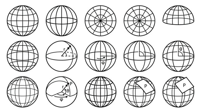 Geometric wireframe globe and sphere projection icons