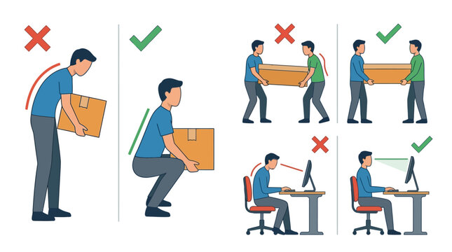 Infographic of Correct and Incorrect Posture for Lifting and Sitting