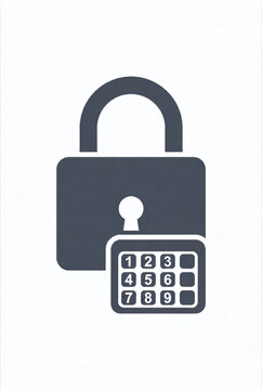 lock with keypad icon, isolated on pure white background, centered composition, flat vector style, padlock with small numeric grid, crisp edges, no texture, no logo, no text, commercial stock illustra