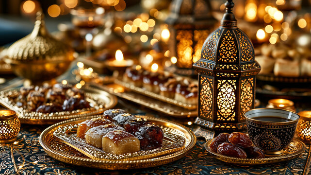 Traditional Ramadan iftar table with sweet dates, pastry, and an ornate glowing fanous lantern. Warm festive bokeh background for Islamic holidays