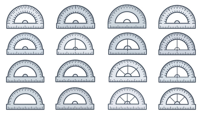 Grid of various protractor styles for measuring angles.