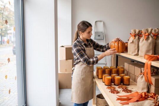 Female shopkeeper arranging decorative pumpkins and candles on wooden shelves inside a cozy retail space with autumn-themed decorations and packaging