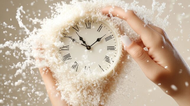 Time exploding.  Hands holding a clock surrounded by a cloud of fluffy material