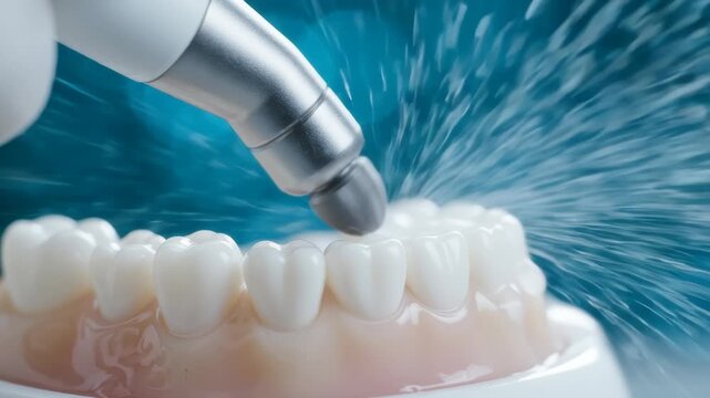 Macro Dental Cleaning Procedure with Ultrasonic Water Spray on Artificial Teeth Model, Professional Oral Hygiene Care Concept.