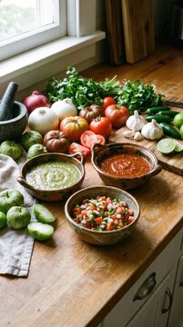 Fresh ingredients and homemade salsa bowls arranged on a wooden kitchen countertop with various vegetables, herbs, and spices in a bright, natural light setting