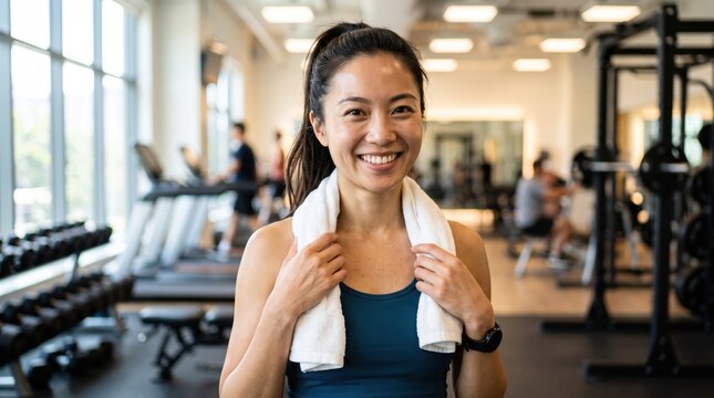 Happy athletic Asian woman smiling with a white towel around her neck while taking a break from working out in a modern fitness gym facility