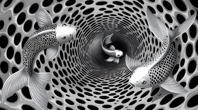 Koi fish in a black and white tunnel