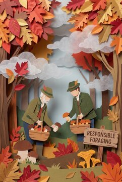 Two male foragers in green jackets collecting mushrooms in a colorful autumn forest with red and orange leaves, sign reading "Responsible Foraging" visible nearby