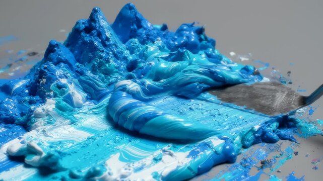 Palette Knife Sculpting Blue Paint Into Abstract Mountain Range Texture.