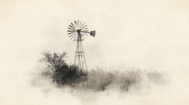Rustic windmill in a hazy landscape