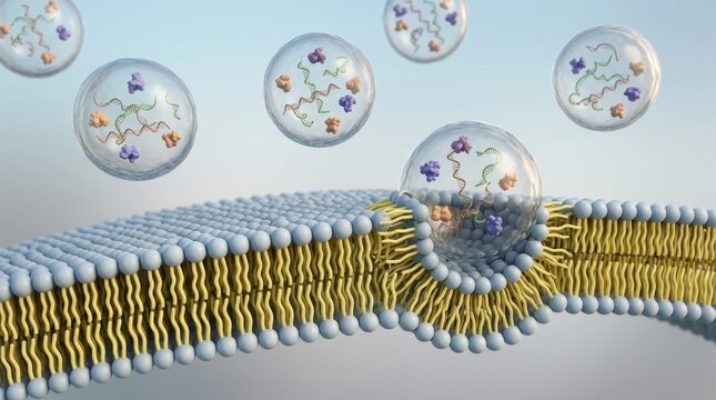 3D illustration of exosomes releasing from cellular lipid bilayer, carrying RNA and protein cargo into extracellular space