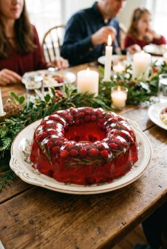 Red gelatin dessert with cranberries and rosemary displayed on a white plate at a festive dining table with candles and greenery in a cozy indoor setting