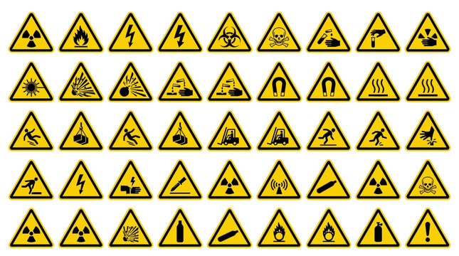 Large collection of yellow and black hazard warning symbols