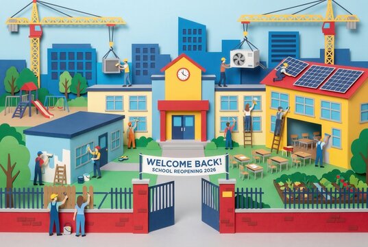 Colorful paper illustration depicting a school reopening in 2026 with construction workers, cranes, and a welcome banner in a vibrant outdoor setting