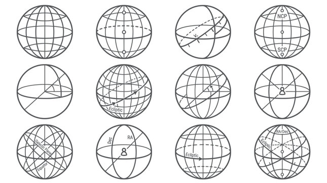 Mathematical wireframe spheres with axes and coordinates.