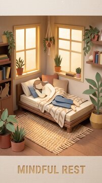 Minimalist bedroom scene featuring a single bed with cozy bedding, surrounded by potted plants and natural light from large windows in a serene indoor setting