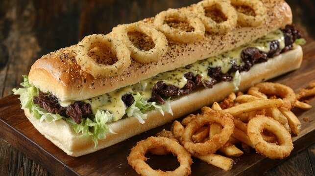 Massive sub sandwich with onion rings and fries