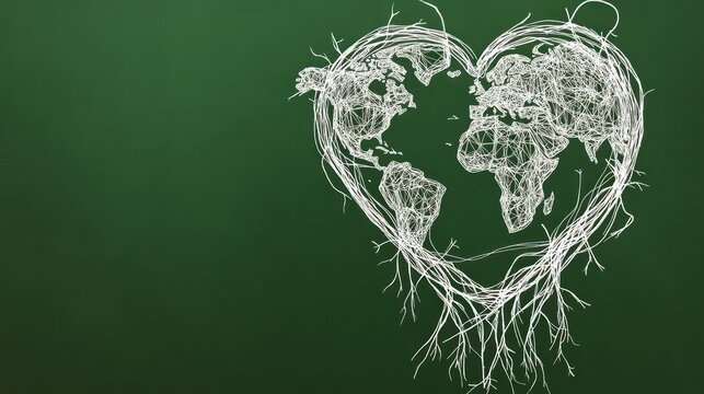 Earth shaped like a heart, entangled in roots