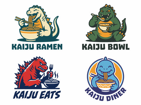 Set of cute kaiju monster characters eating ramen and food logos
