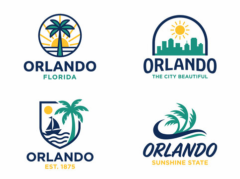 Set of orlando florida city logo emblems with palm trees and sun icons