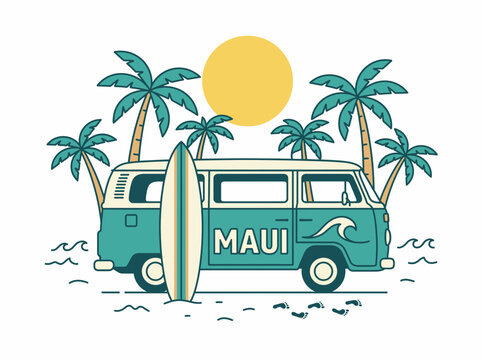 Vintage maui surf van with palm trees and surfboard
