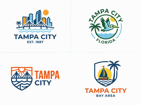 Set of tampa city florida vector logo designs with landmarks and icons