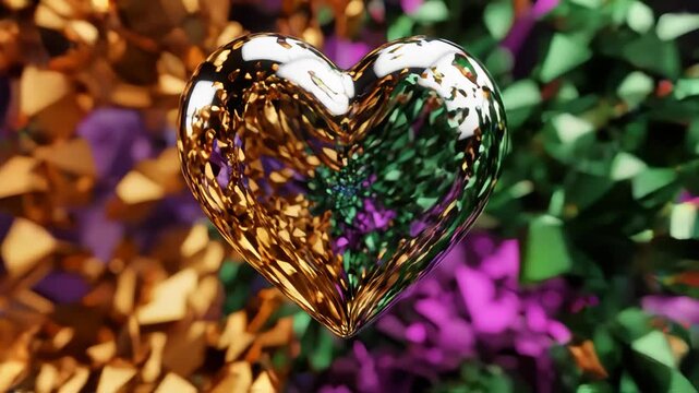 Abstract Rotating Metallic Heart Sculpture with Dynamic Changing Colors and Reflective Surfaces.