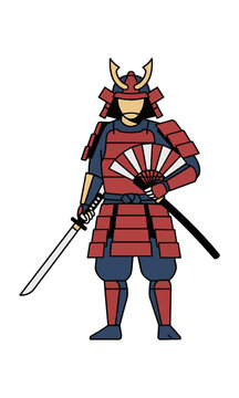 Samurai warrior holding a katana and a tessen fan in a minimalist monoline style with bold flat colors isolated on a white background, historical culture concept